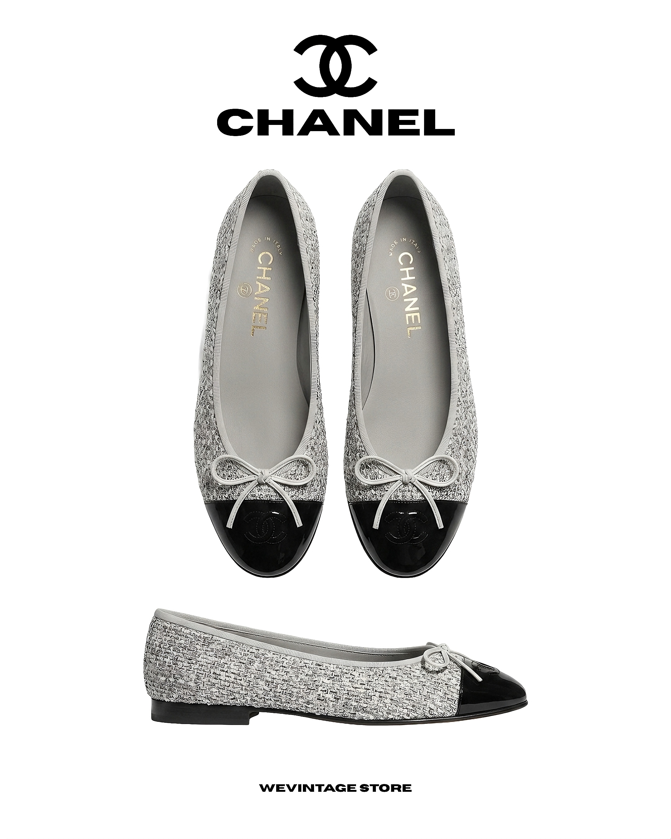 CHANEL TWEED & PATENT LEATHER CAP - TOE BALLERINA FLATS - GREY/BLACK