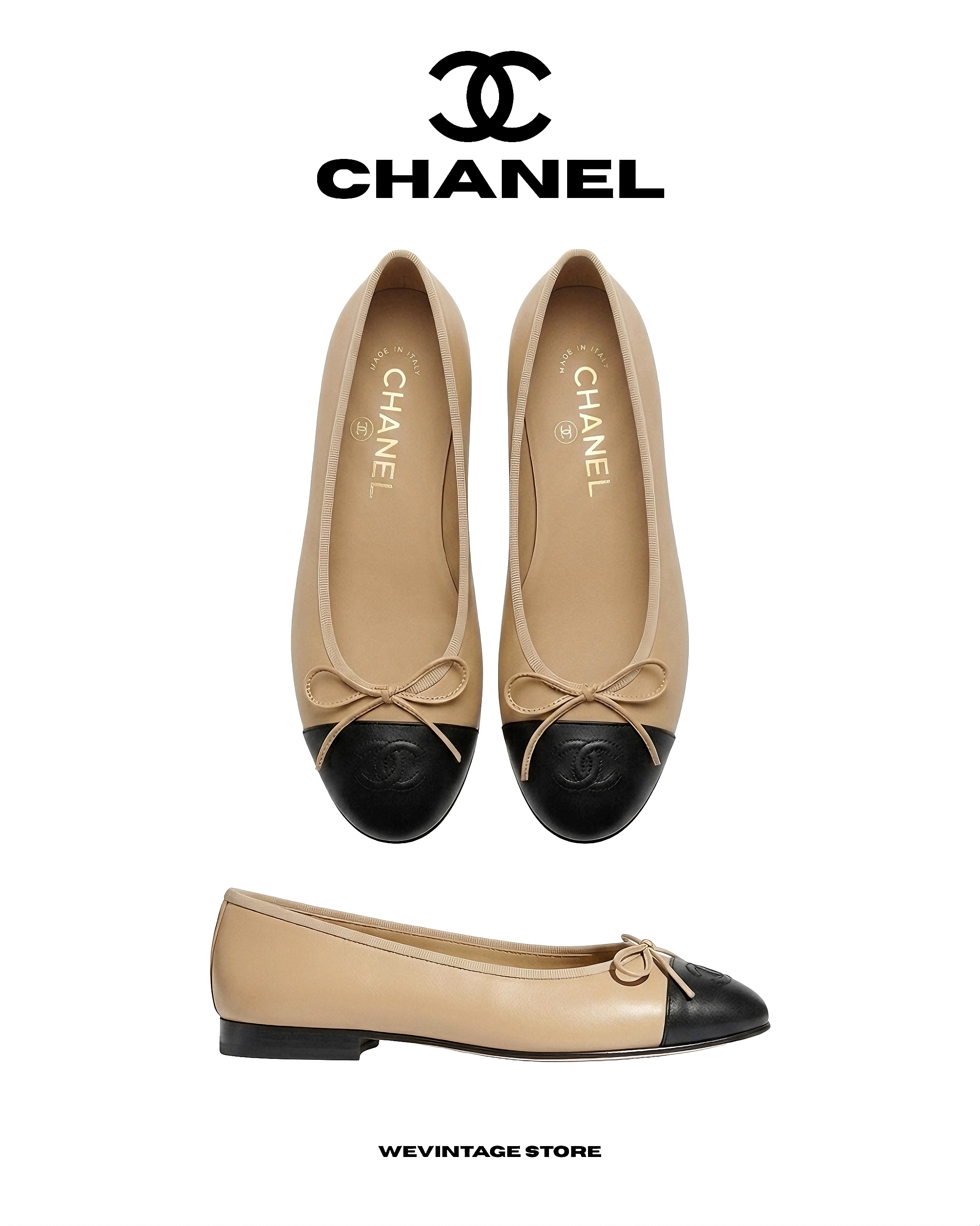 CHANEL BALLET FLATS IN BEIGE & BLACK
