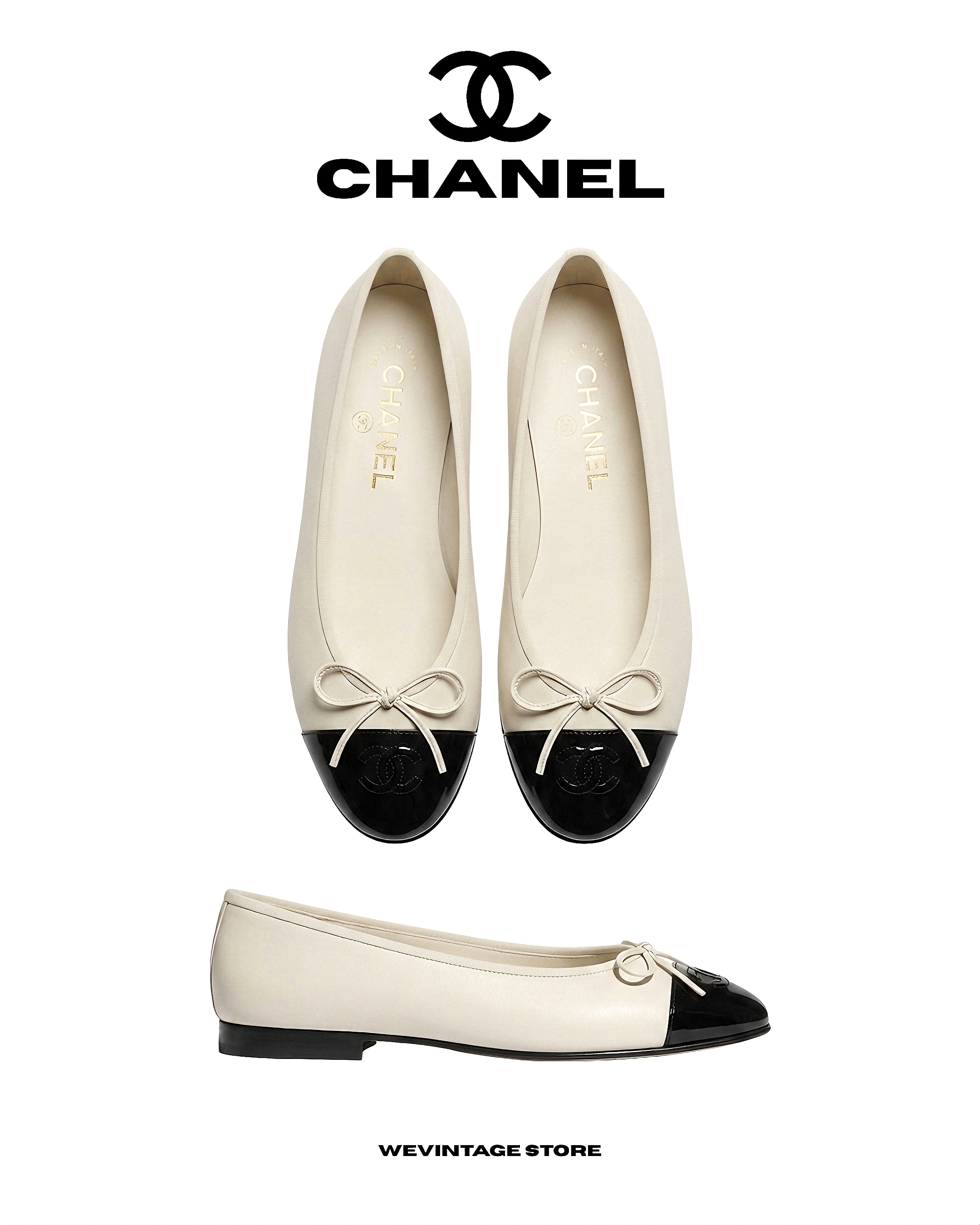 CHANEL BALLET FLATS IN WHITE & BLACK PATENT