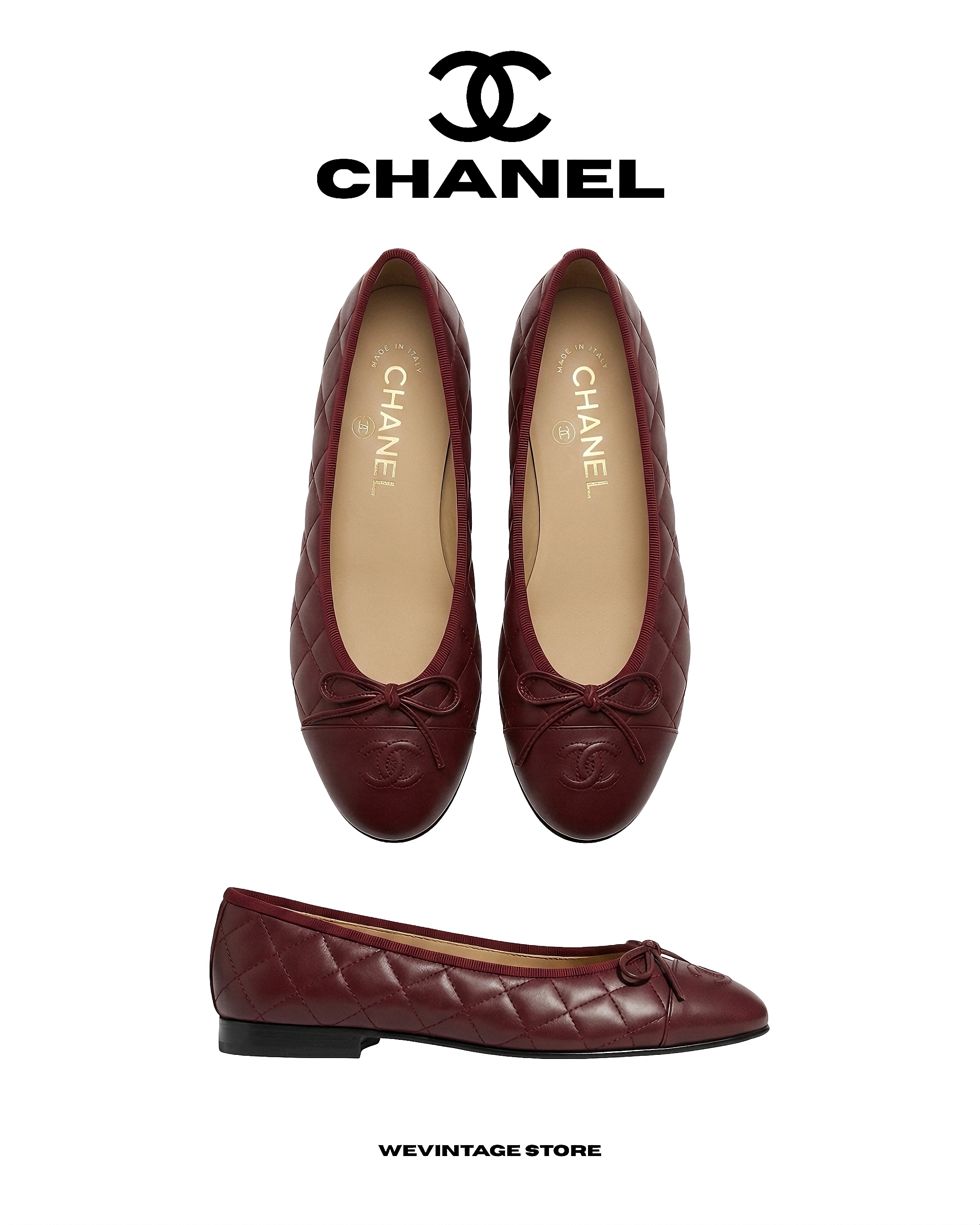 CHANEL BLACK QUILTED LAMBSKIN BALLET FLATS BURGUNDY
