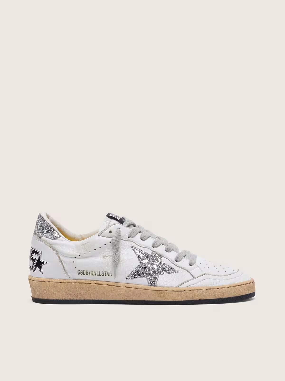 Ball Star sneakers in white leather featuring a silver glitter star and heel tab