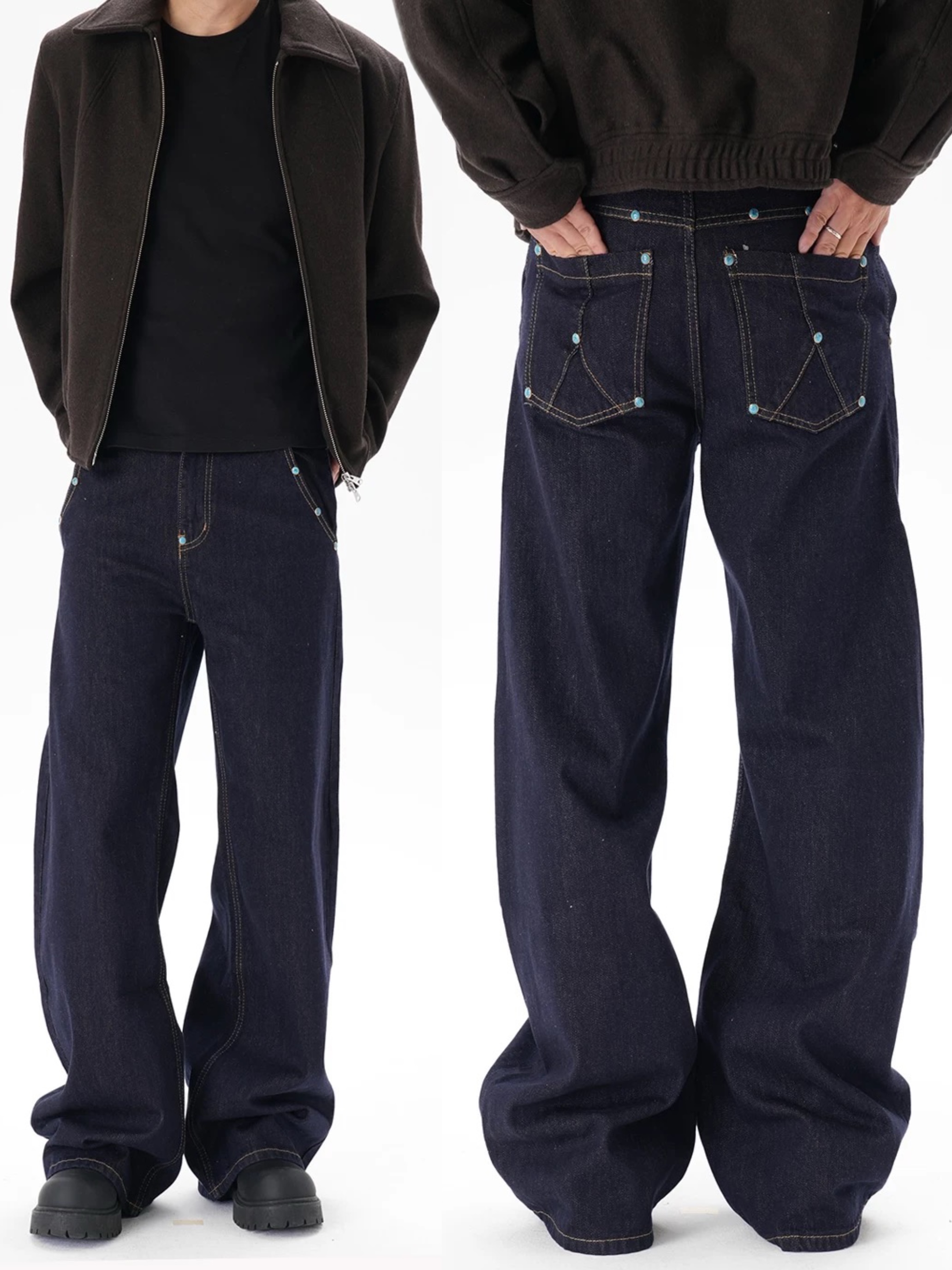 Raw Indigo Contrast Stitch: Baggy Workwear Jeans