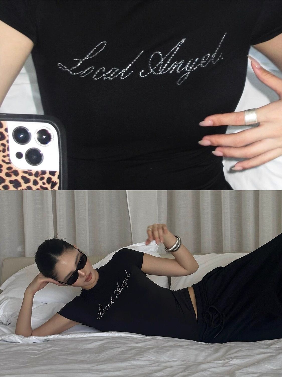 Local Angel" Rhinestone Baby Tee: Midnight Black Edition
