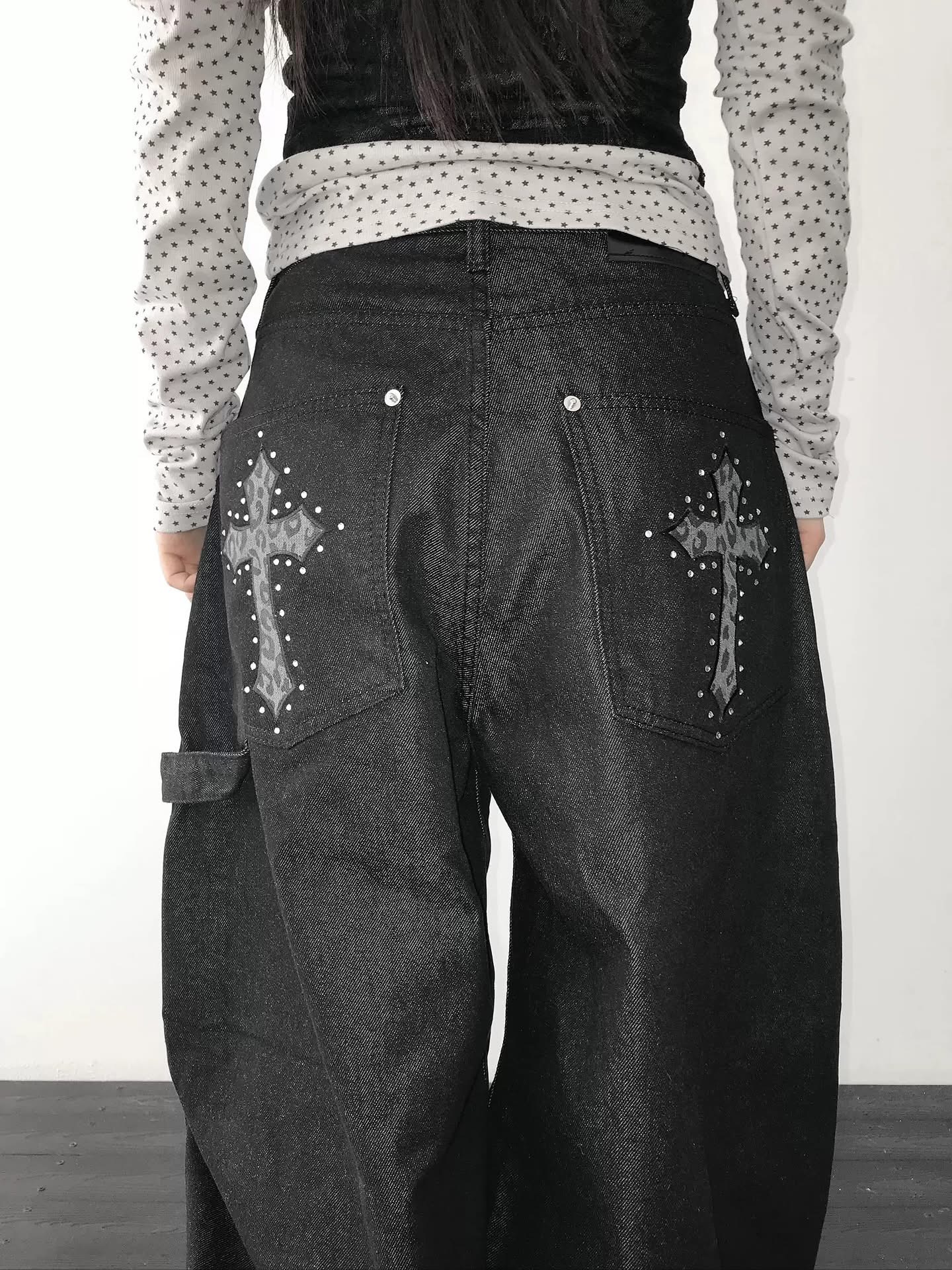 Gothic Cross Embroidery: Washed Black Baggy Jeans