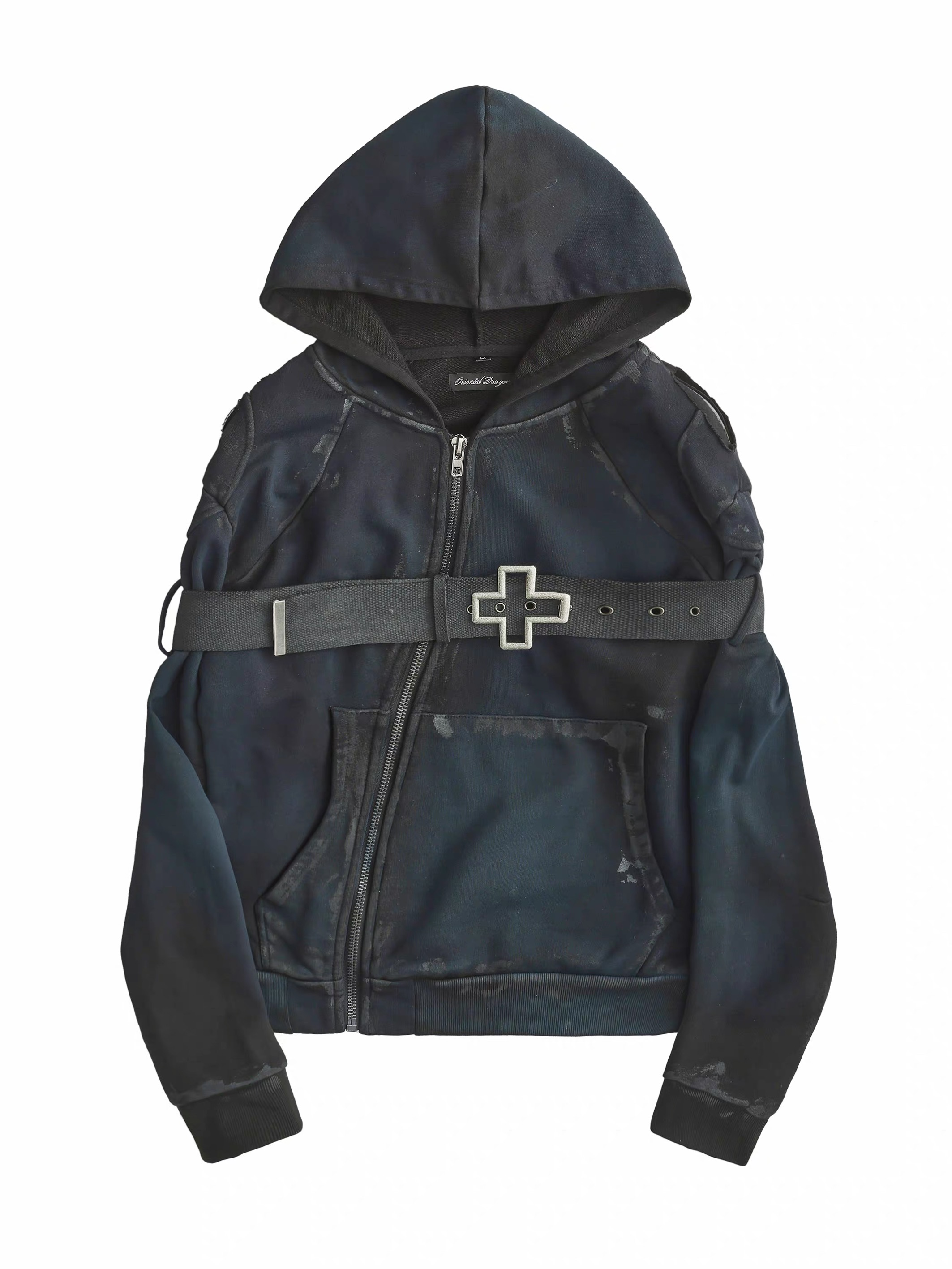 Cyberpunk Cross-Buckle Distressed Zip-Up Hoodie
