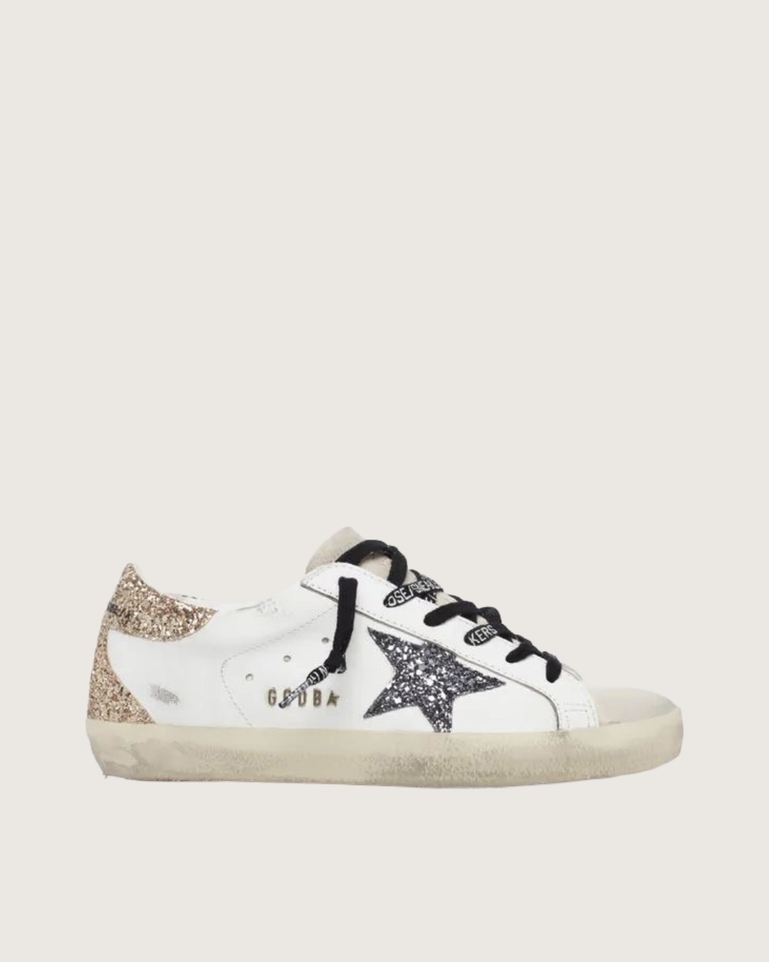 Super-Star White Leather Sneakers with Dark & Gold Glitter