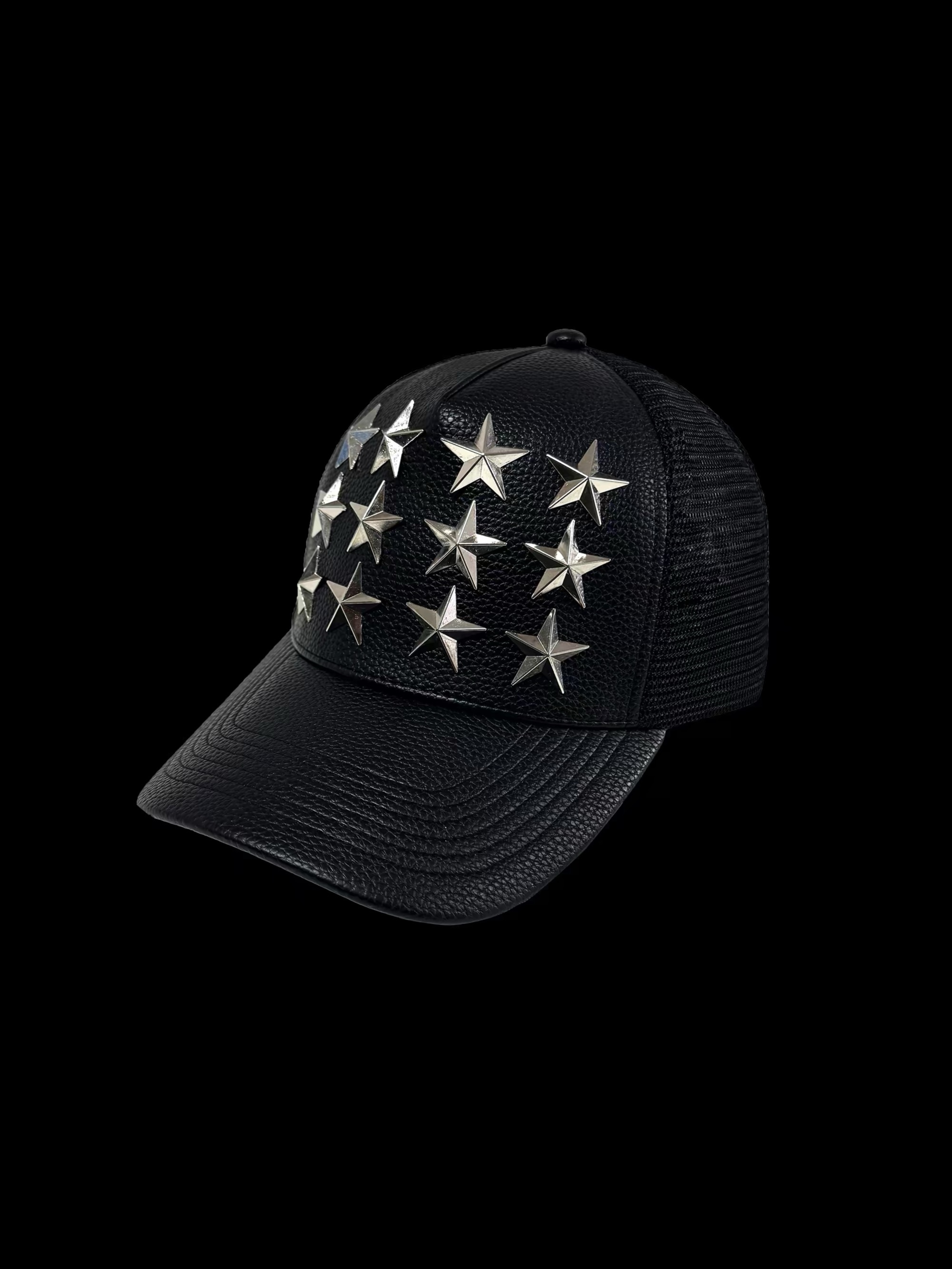 Metallic Star Studded Leather Trucker Hat