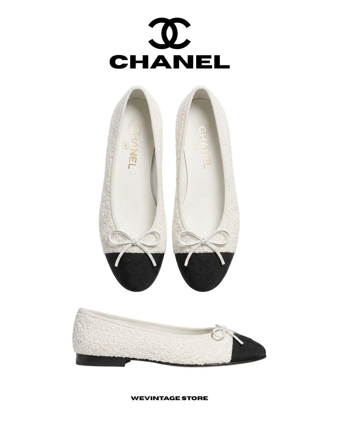 CHANEL BOUCLE TWEED & LEATHER CAP TOE BALLERINA FLATS - IVORY/BLACK