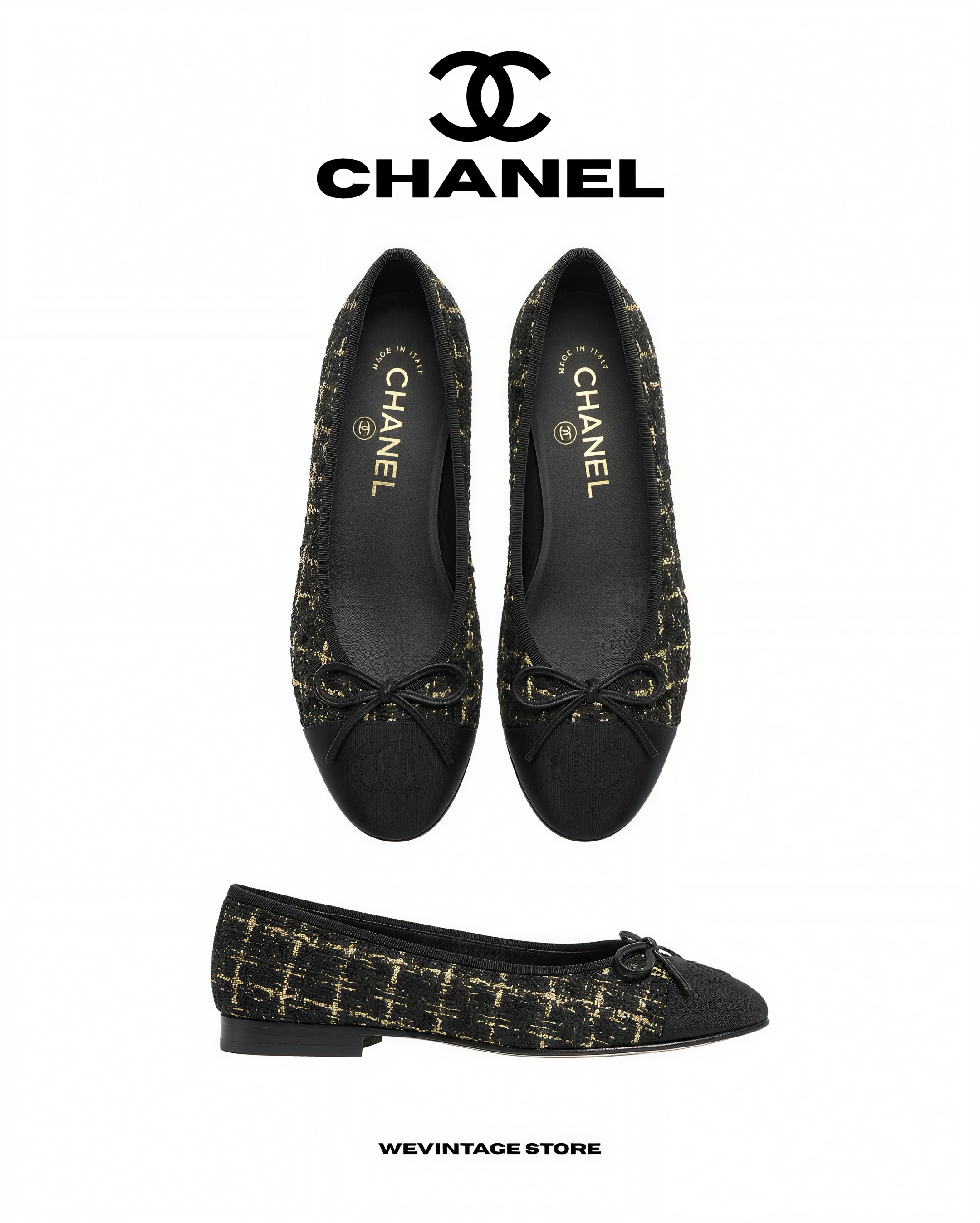 CHANEL TWEED & GROSGRAIN BALLERINA FLATS - BLACK/GOLD