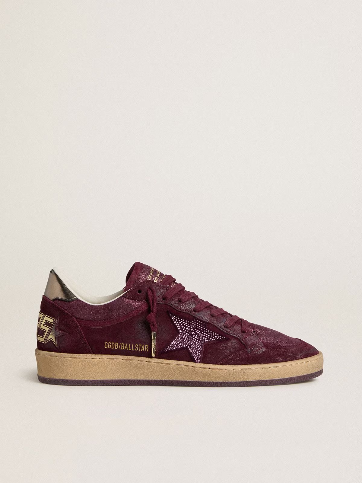 Ball Star in burgundy suede with crystal star and metallic leather heel tab