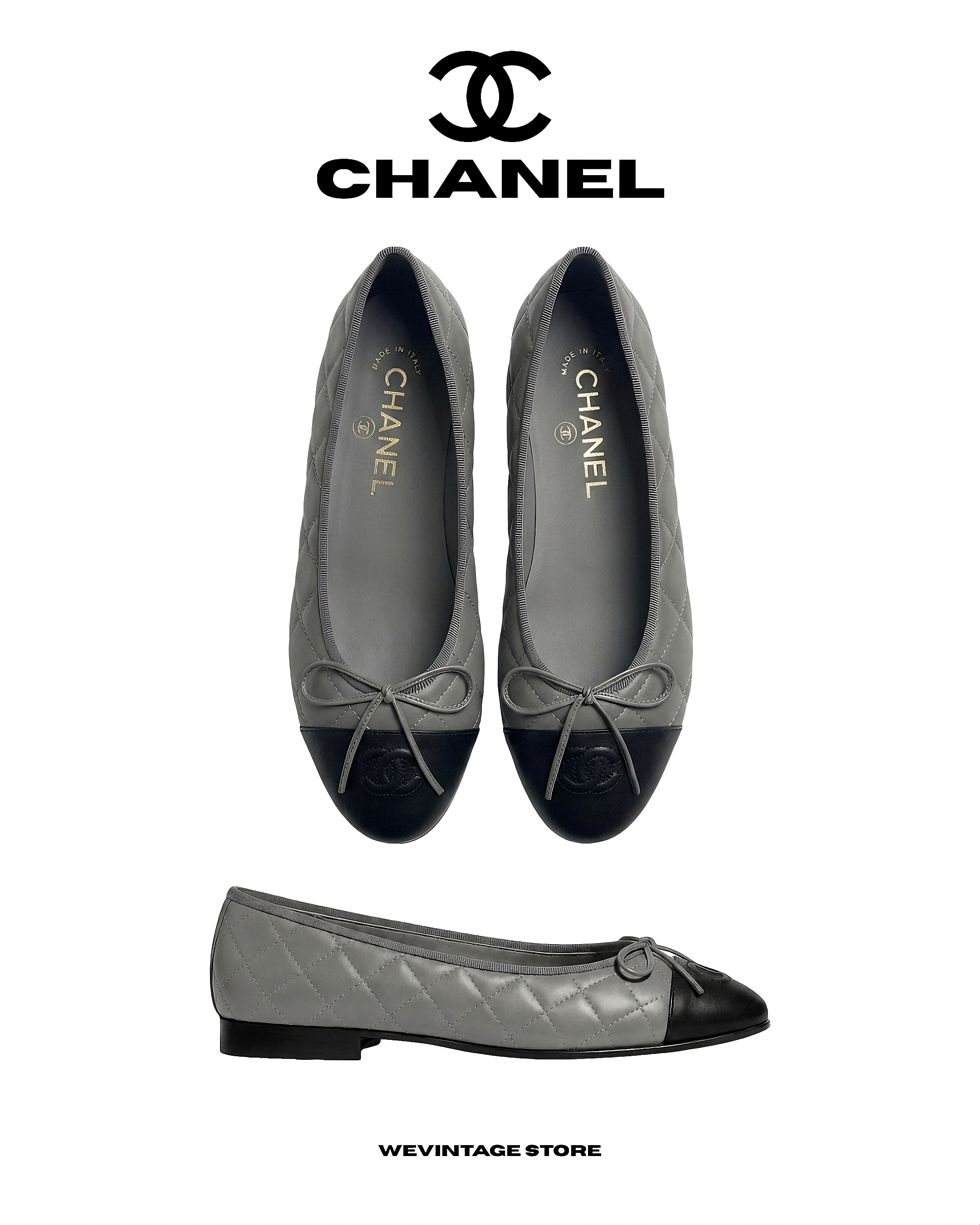 CHANEL BLACK QUILTED LAMBSKIN BALLET FLATS GREY